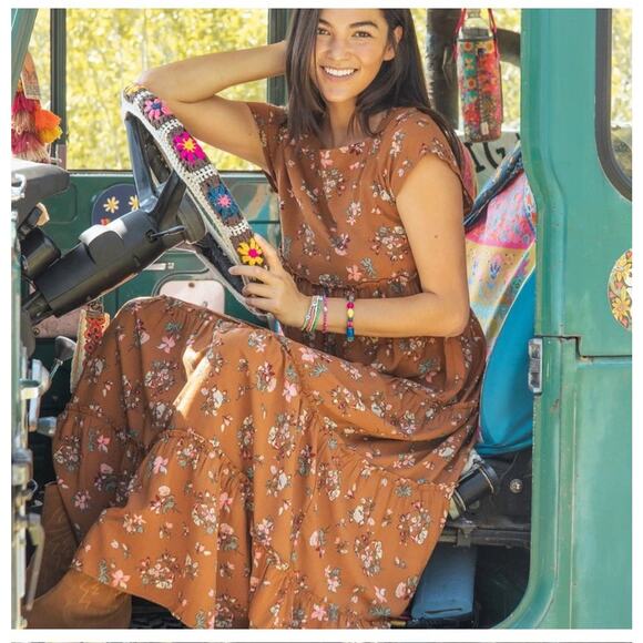 Natural Life Women's Berkley Maxi Dress Brown Bouquets XL Cottagecore Bohemian - Picture 6 of 14